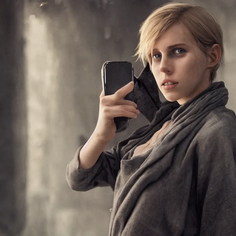 Image similar to cute annie leonhart holding taking a photo of luke skywalker wallpaper, beautiful face, pale skin, rule of thirds, cinematic lighting, rainy weather, melancholy atmosphere, volumetric light, realistic reflections, sharp focus, backlit, model agency, instagram photo, shot on iphone 1 3 pro max, hyper realistic,