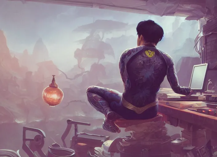 Image similar to an insanely detailed painting of an asian man wearing a homemade superhero costume, sitting at a desk, staring seriously at the computer and typing, in the style of peter mohrbacher, james jean, dramatic lighting and composition, surreal background, octane render, pixar, trending on artstation, concept art, comic book, view from behind, 8 k