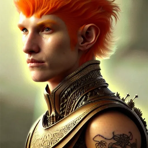 Prompt: portrait painting of an elven young man with short light orange hair and tribal tattoos on cheekbones wearing fur armor, ultra realistic, concept art, intricate details, eerie, highly detailed, photorealistic, octane render, 8 k, unreal engine. art by artgerm and greg rutkowski and charlie bowater and magali villeneuve and alphonse mucha