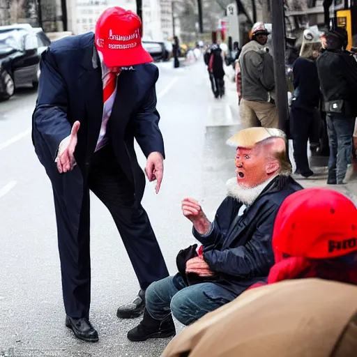 Prompt: donald trump dressed as a homeless man asking for money on the streets, detailed face