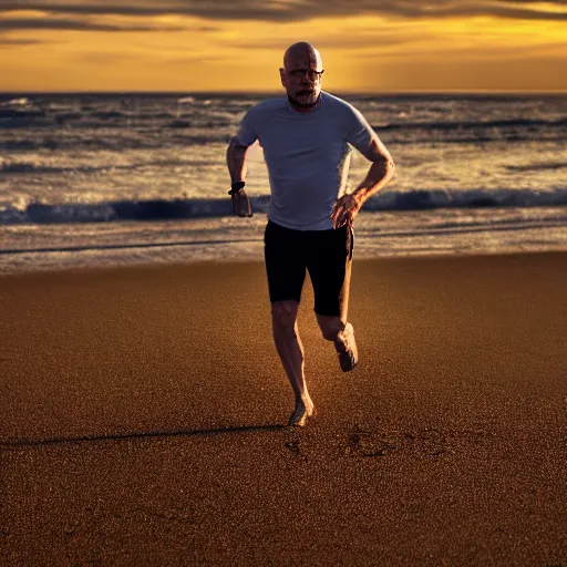 Image similar to Walter White running on the beach, artistic, 8k, cinematic, accurate, symetric, face, dramatic lighting, pastel colours