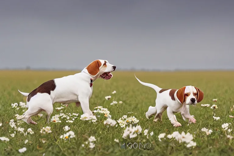 Prompt: white and brown beagle dog playing a flowery field by Hsiao-Ron Cheng