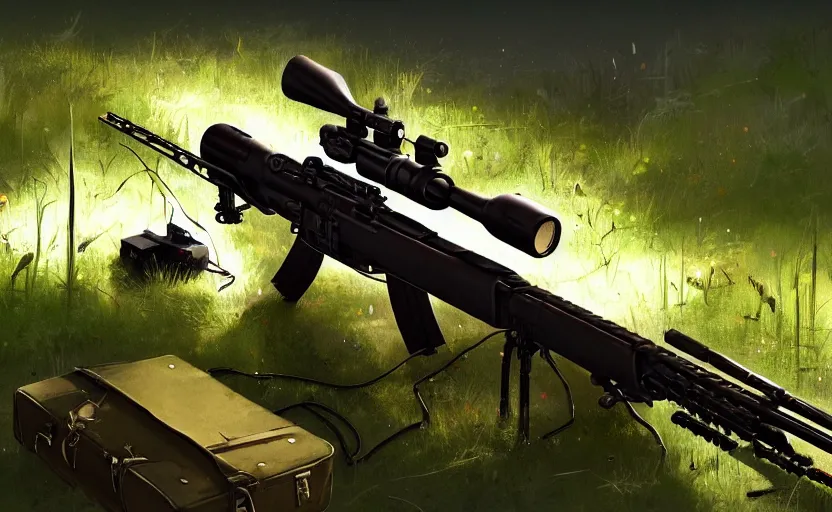 Prompt: portrait of a m 1 4 ebr scout rifle, black hardcase as background, lush landscape, illustration concept art anime key visual trending pixiv fanbox by wlop and greg rutkowski and makoto shinkai and studio ghibli and kyoto animation, realistic gun, ammo bullets, mettalic reflections, holographic sight, eotech
