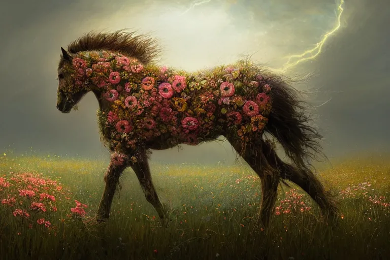 Prompt: a stunning digital painting of a horse made of instricately engraved gnarled wood with a mane of bioluminescent flowers running through a field of flowers by greg rutkowski, flowercore, volumetric light, digital art, fine detail, photorealistic