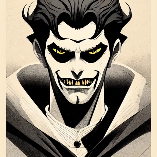 Image similar to handsome vampire king with fangs, symmetrical face, evil, portrait, cinematic, dramatic, powerful, super detailed and intricate, by koson ohara, by darwyn cooke, by greg rutkowski, by satoshi kon