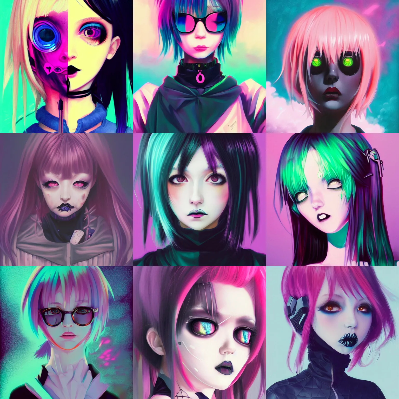 Prompt: 9 0 s, yami kawaii pastel goth aesthetic, creepy gothic 3 / 4 portrait, vaporwave colors, anime, futuristic, hyperrealistic painting, by stanley twardowicz, ilya kuvshinov, rossdraws, trending on artstation