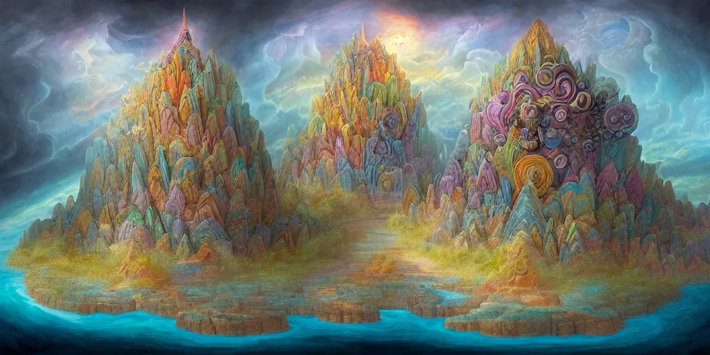 Image similar to a fantasy temple sits on top of a cross section of surreal geological biome chart with concentric layers of colourful strata forming a surreal tiered geological formation whith an , colourful strata, underground tunnel network, swirling clouds, pools of water, on dark paper, by peter mohrbacher, tarmo juhola, ivan laliashvili, james gurney, moebius, roger dean + wide angle view + v-ray + unreal engine + real life natural photo + daz studio iray + 8k textures ultra hd shaders + HDR lighting, ray traced, vue render, artstation