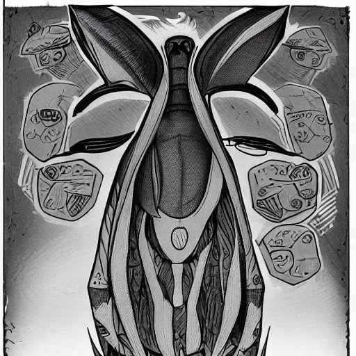 Image similar to design for a character with a manta ray head and arms attached by the back like a large blanket, alien, mutant, peaceful, art by tim shafer from his work on psychonauts by double fine, in collaboration with vivienne medrano, pencil sketches, professional art