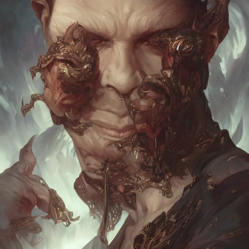 Image similar to beautiful illustrated portrait of a demon lord, symmetrical, painted, 4k, trending on artstation, octane render, art by artgerm and greg rutkowski and alphonse mucha and craig mullins and James Jean and Andrei Riabovitchev and Marc Simonetti and peter mohrbacher