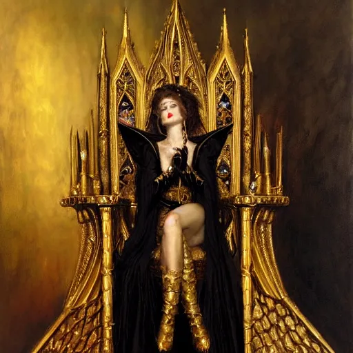 Image similar to perfectly centered portrait of attractive vampire queen in gold gothic robe sitting on a throne of black bones, highly detailed painting by gaston bussiere, craig mullins, j. c. leyendecker, 8 k, mid shot
