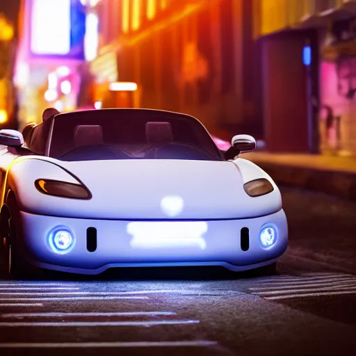 Image similar to a fluffy roadster covered with white fur and looked like a cat, parking in the street, Cyberpunk, neon light, front view, 4k, hd, highly detailed