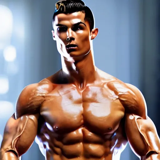 Prompt: a realistic detailed photo of a male android robot bodybuilder, cristiano ronaldo, shiny skin, posing, blank stare