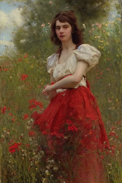 Image similar to Solomon Joseph Solomon and Richard Schmid and Jeremy Lipking victorian genre painting portrait painting of an beautiful slender cottagecore girl in an open field of flowers, red background