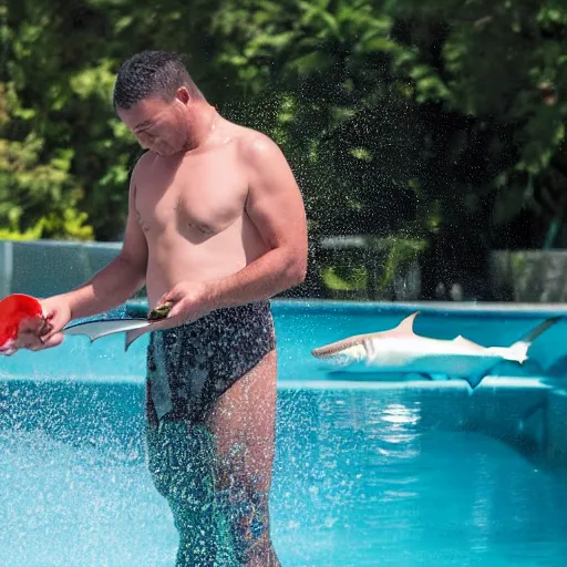 Prompt: a man feeding a shark in a pool