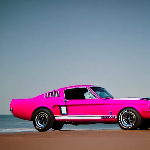 Prompt: long shot of 1967 Ford mustang Shelby GT500 in pink color at sunset in front a beach, 8k, amazing reflection from the car, UHD Photography