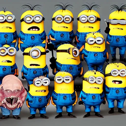 Prompt: cannibal corpse album cover with minions