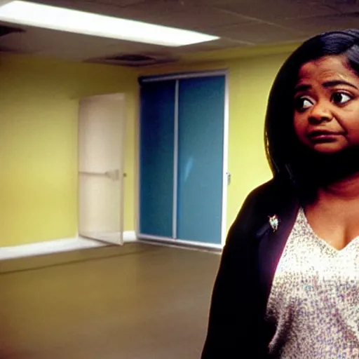 Prompt: Octavia Spencer wandering around in the backrooms, an empy, fluorescent lit office with stained walls and carpet, desolate, still photo from the PT Anderson Film