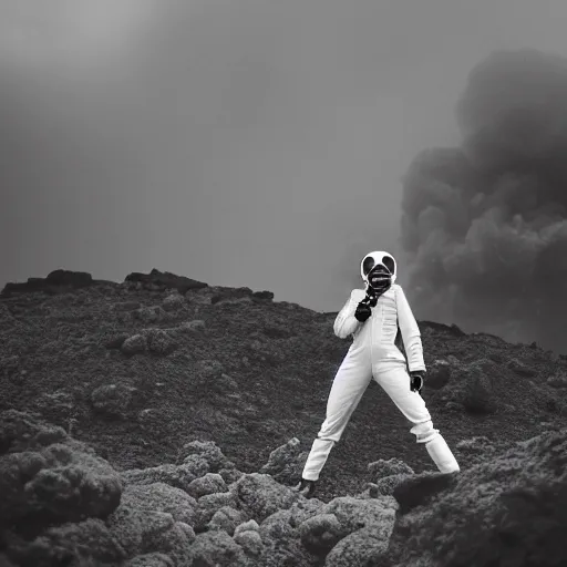 Prompt: white woman suit with gasmask, standing close to volcano, fire raining, professional photography, black and white, cinematic, eerie