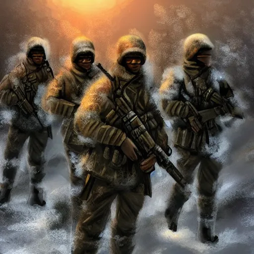 Image similar to multiple soldiers wearing arctic clothing, riot gear, in snow storm, apocalyptic, artstation