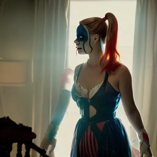 Prompt: Margot Robbie as real-life Harley Quinn, cinematic, Wide-shot, atmospheric lighting, directed by Ti West, extreme detail, 8K, movie still