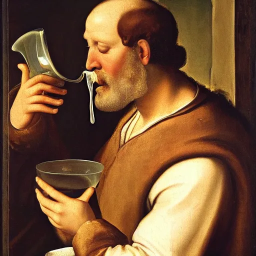 Image similar to A renaissance oil painting of a man drinking milk