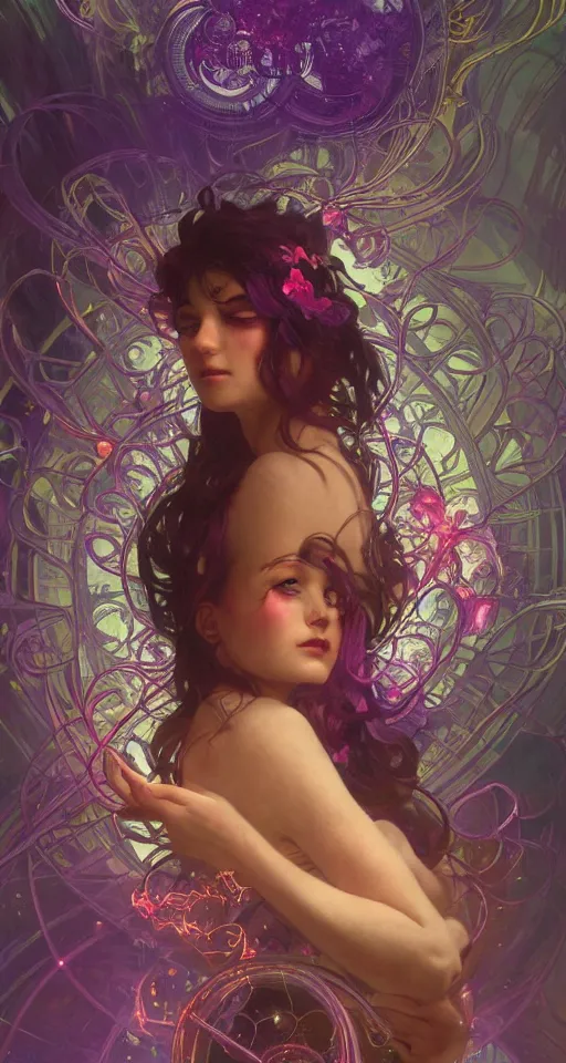 Prompt: she dreams of arcs of purple flame intertwined with glowing sparks, glinting particles of ice, dramatic lighting, steampunk, bright neon, secret holographic cyphers, red flowers, solar flares, high contrast, smooth, sharp focus, intricate art by alphonse mucha and greg rutkowski and ruan jia