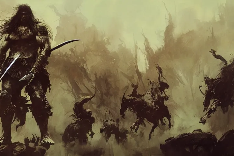 Image similar to conan the barbarian, intricate, elegant, highly detailed, vivid colors, john park, frazetta, sparth, ruan jia, jeffrey catherine jones