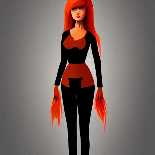 Prompt: a woman wearing black and orange clothes, full body shot, red hair, highly detailed, digital painting, artstation, concept art, smooth, sharp focus, illustration