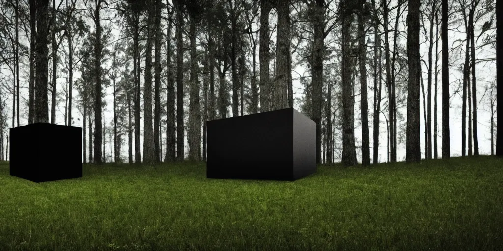 Prompt: a black cube minimalist house in the woods and empty woods, 8k, fantasy, hyper realistic, dramatic lighting, cinematic