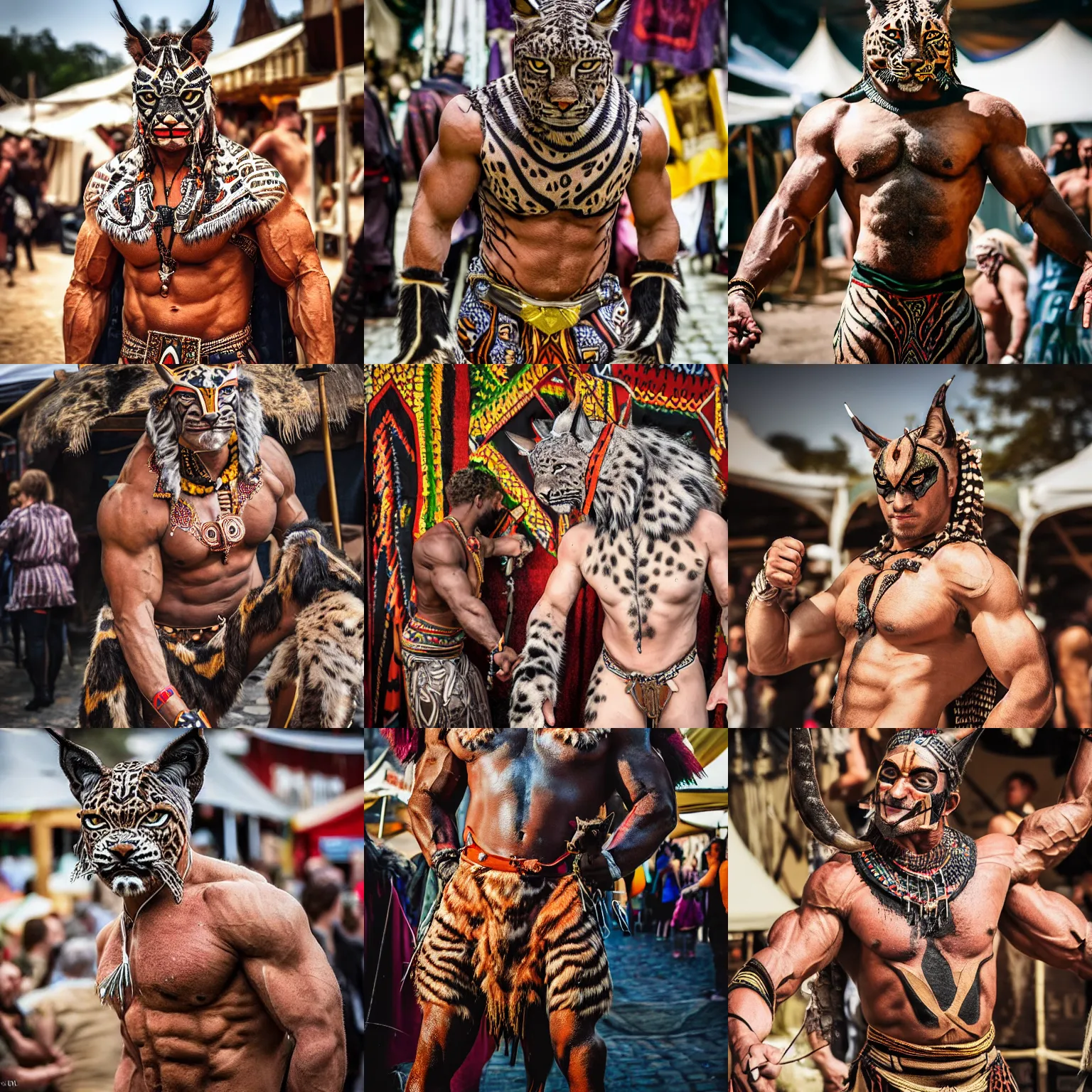 Prompt: An award winning photography of a cool looking muscular lynx beast-man wearing tribal clothing at a bustle medieval market