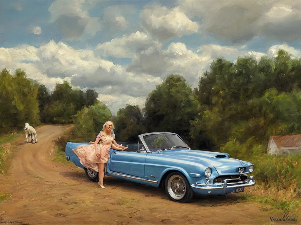 Prompt: 1950 blonde driving a mustang on a country road, Swedish countryside, painting by Vladimir Volegov, masterpiece