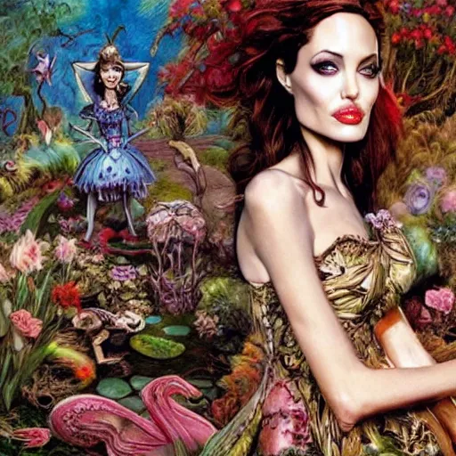 Prompt: angelina jolie in alice in wonderland tripping on lsd, intricate detail, painting, royo, frazetta, whealan,