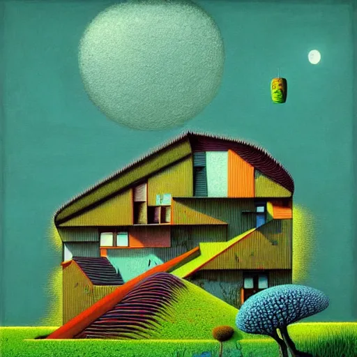 Image similar to surreal glimpse into other universe, house by som architect, summer morning, very coherent and colorful high contrast, art by!!!! gediminas pranckevicius!!!!, geof darrow, floralpunk screen printing woodblock, dark shadows, hard lighting, stipple brush technique,