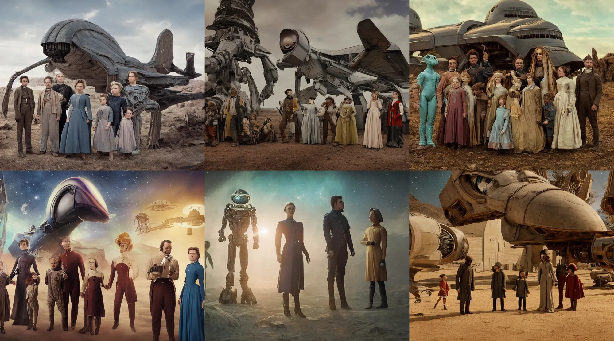 Prompt: still from a sci fi blockbuster color movie made in 2022, set in 1860, of a family standing in front of a spaceship that has just landed on an alien planet, a humanoid alien creature stands nearby, the family are all wearing 1850s era clothes, cinematic lighting, cinematic camera, 4k, sharp focus, extremely good quality lighting, good quality photography, A list cast, famous actors, famous actresses, oscar winner