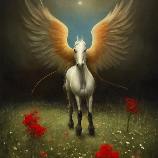 Prompt: a pegasus standing in the middle of a dark field of wilted flowers oil painting by esao andrews. painting. gloomy. brush strokes. trending on artstation.