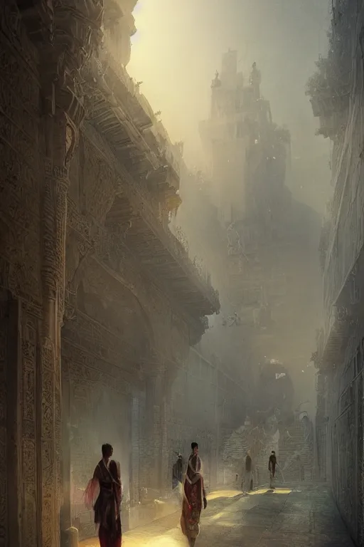 Prompt: ancient city of babylon, portrait, powerfull, intricate, elegant, volumetric lighting, scenery, digital painting, highly detailed, artstation, sharp focus, illustration, concept art, ruan jia, steve mccurry