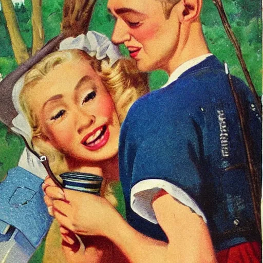 Image similar to “stunning, highly detailed portrait, very detailed, couple, from behind, blonde, remote village, from side, holding tin can, color vintage magazine illustration 1950”