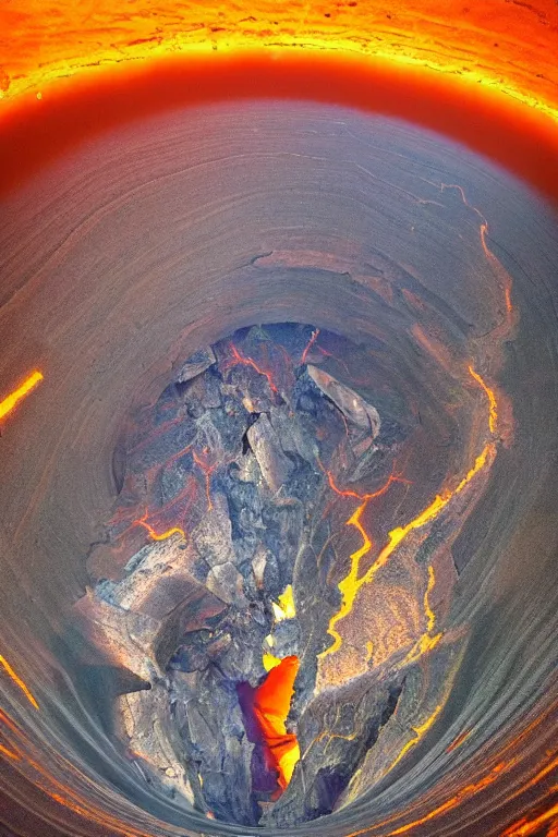 Image similar to looking down into a fissure in the earth, we see a fiery portal to another dimension, realistic, cinematic, dark colors, bright light