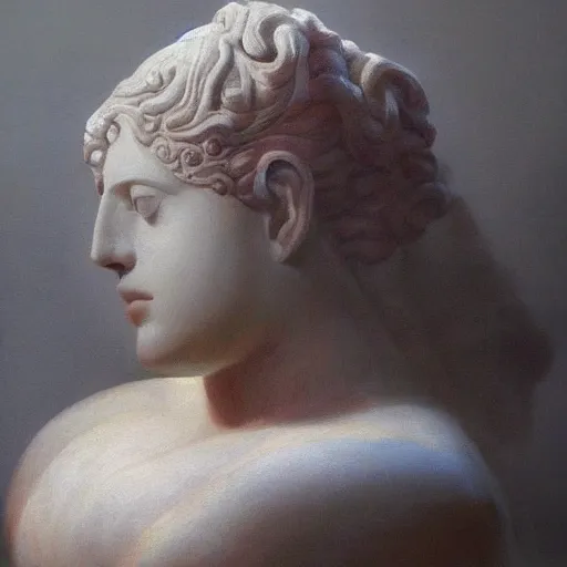 Image similar to A beautiful oil painting of a Ancient Greek Marble Sculpture of a Greek Scarlet Johannsen lying on a silk cloth, fog, volumetric lighting, summer, hyperrealistic, hyperdetailed.