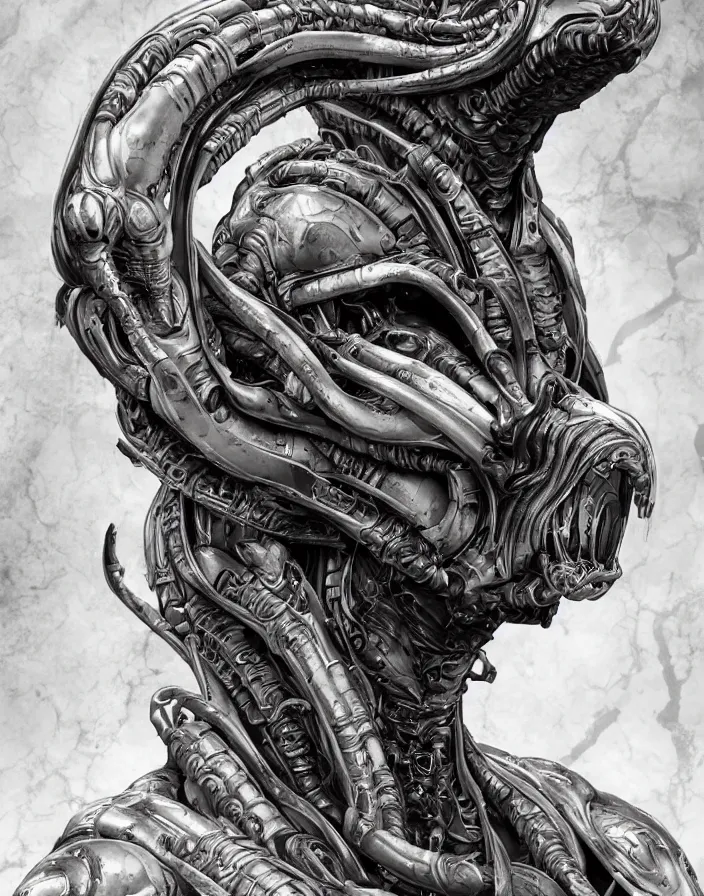 Image similar to engineer prometheus face by Artgerm, xenomorph alien, highly detailed, symmetrical long head, smooth marble surfaces, detailed ink illustration, raiden metal gear, cinematic smooth stone, deep aesthetic, concept art, post process, 4k, carved marble texture and silk cloth, latex skin, highly ornate intricate details, prometheus, evil, moody lighting, hr geiger, hayao miyazaki, indsutrial Steampunk