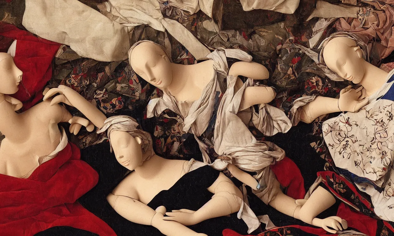 Prompt: a portrait of a beautiful female mannequin, a jointed wooden art doll with long flowing hair, sleeping on a patchwork quilt with a cat asleep next to her, cats sleeping, by Raphael, by Caravaggio