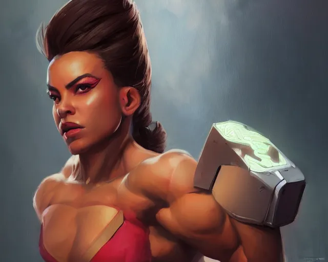 Prompt: portrait of sombra from overwatch as a beautiful female bodybuilder amazon with plump lips, elegant, fantasy, hd shot, digital portrait, beautiful, artstation, comic style, by artgerm, guy denning, jakub rozalski, magali villeneuve and charlie bowater