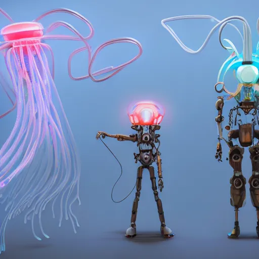 Prompt: Tintoy Characterdesign Robot neon jellyfish tentacles anr wires hard surface modelling, by Eddie Mendoza, by Peter mohrbacher, Pictoplasma bioluminescent biomechanical halo, by jarold Sng, by disney, by tooth wu, octane render, cinematic light, high details, dichroic, cgsociety