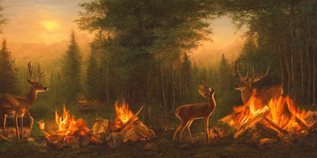 Image similar to A deer sitting next to a campfire in the forest. The deer is holding a cup of tea, watching the sunset, highly detailed painting