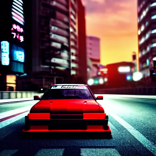 Image similar to a car drifting JZX100 on Ebisu Circuit, Shibuya prefecture, city sunset, cinematic color, photorealistic, highly detailed, bokeh, DOF, octane render