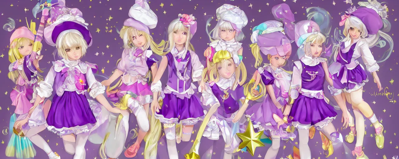 Image similar to A character sheet of full body cute magical girls with short blond hair wearing an oversized purple Beret, Purple overall shorts, Short Puffy pants made of silk, pointy jester shoes, a big billowy scarf, and white leggings. Rainbow accessories all over. Flowing fabric. Golden Ribbon. Fancy Lolita Dress. Baby the stars shine bright. Covered in stars. Artist Clothes. Painter Clothes. Dreamer. Short Hair. Art by william-adolphe bouguereau and Paul Delaroche and Alexandre Cabanel and Lawrence Alma-Tadema and WLOP and Artgerm. Fashion Photography. Decora Fashion. harajuku street fashion. Kawaii Design. Intricate, elegant, Highly Detailed. Smooth, Sharp Focus, Illustration Photo real. realistic. Hyper Realistic. Sunlit. Moonlight. Dreamlike. Surrounded by clouds. 4K. UHD. Denoise.