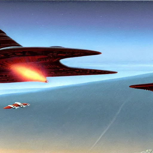 Image similar to spaceship flying over epic sci - fi landscape, painting by ralph mcquarrie