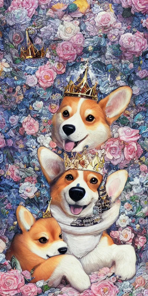 Prompt: highly detailed painting of a lofi hiphop crowned corgi king chilling in his palace, by Anna Dittmann and Hikari Shimoda , trending on Artstation, 8k, masterpiece