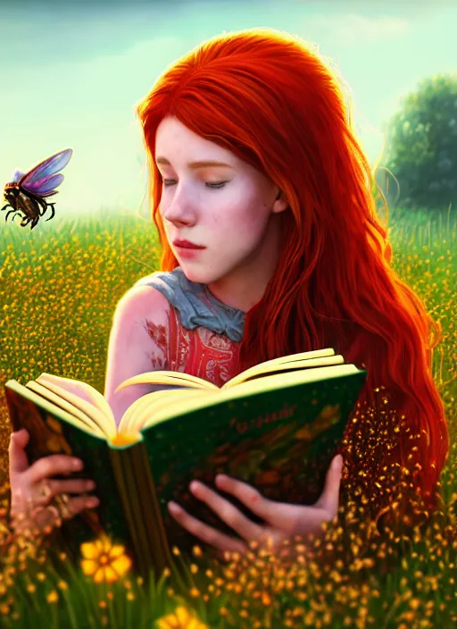 Image similar to An epic fantasy comic book style portrait painting of a young red headed girl reading a book in a field of flowers surrounded by bees, unreal 5, DAZ, hyperrealistic, octane render, cosplay, RPG portrait, dynamic lighting