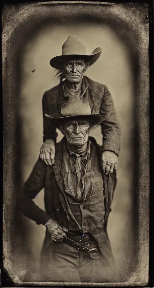 Image similar to a wet plate photograph, a portrait of an old cowboy